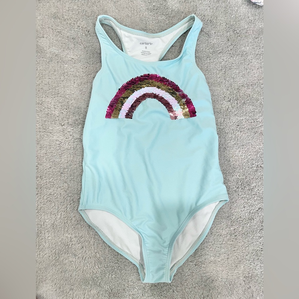 Carter’s Light Blue Rainbow Sequin Swimsuit Size 8 Girls